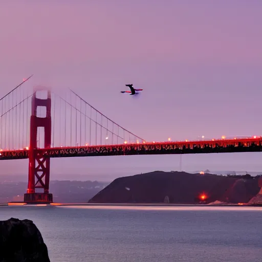 Image similar to a photo of golden gate bridge with a plane flying underneath at dusk