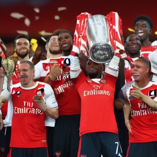 Prompt: Arsenal lifting the UCL trophy