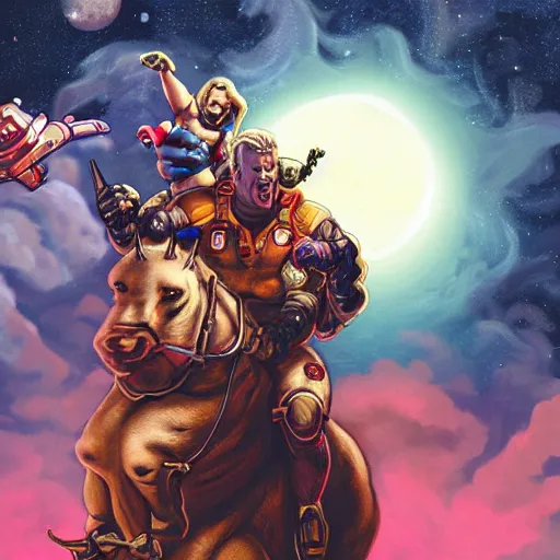 Prompt: Duke Nukem and Doom Guy riding a unicorn through space