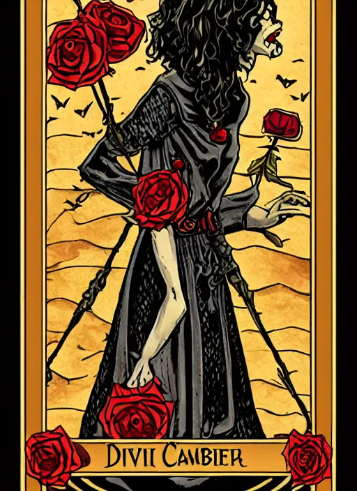 Prompt: tarot card :: horror :: vampire :: blood and roses :: by deiv calviz and bossmonsterbani