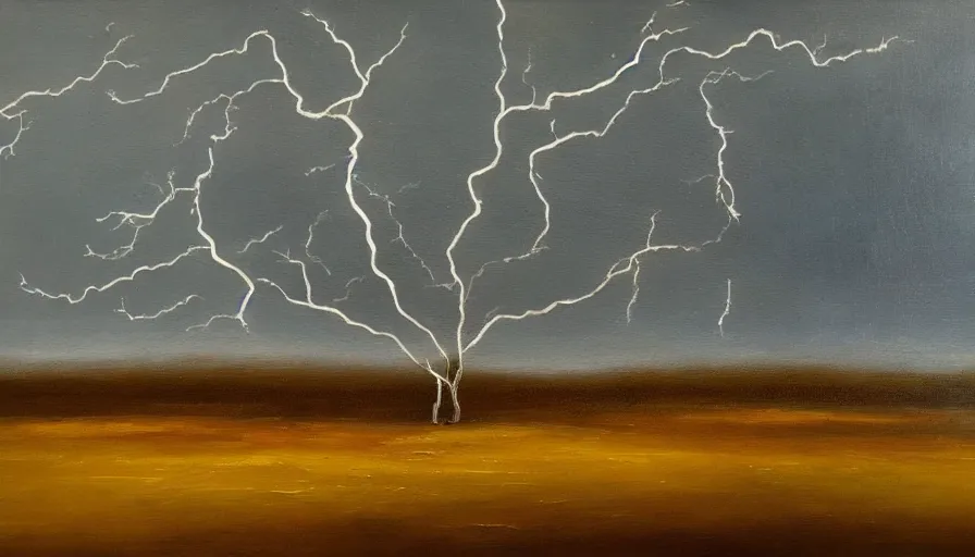 Image similar to A beautiful abstract oil painting of a rainy landscape; lightning; a lonely tree