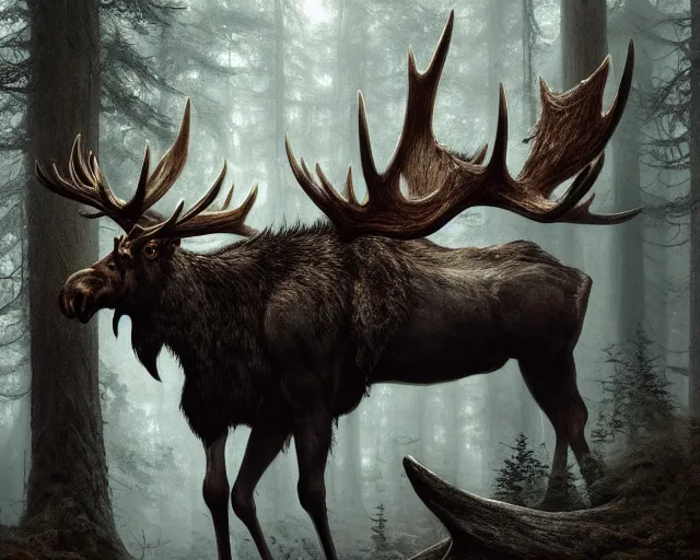 Prompt: 5 5 mm portrait photo of an armored demonic undead rotting moose with antlers, in a magical forest looking at the camera. dark atmosphere. art by greg rutkowski and luis royo. highly detailed 8 k. intricate. lifelike. soft light. nikon d 8 5 0.