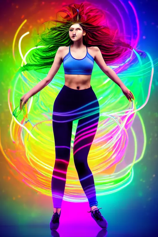 Image similar to a award winning half body portrait of a beautiful woman with stunning eyes in a croptop and leggings with rainbow colored ombre hairstyle head in motion and hair flying while dancing by thomas danthony, surrounded by whirling illuminated lines, outrun, vaporware, shaded flat illustration, digital art, trending on artstation, highly detailed, fine detail, intricate
