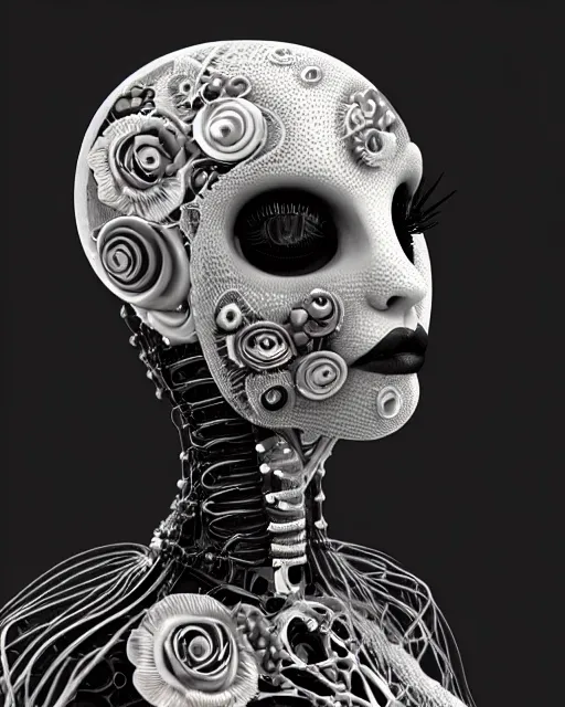 Image similar to black and white dreamy foggy smoky profile face portrait, one silver steampunk realistic eye biomechanical beautiful young female cyclope - cyborg - robot bust, body ribs meshes,, volumetric light, hibiscus flowers, by hg giger, rim light, by dora maar and cecile beaton, big gothic fashion pearl embroidered collar, 8 k