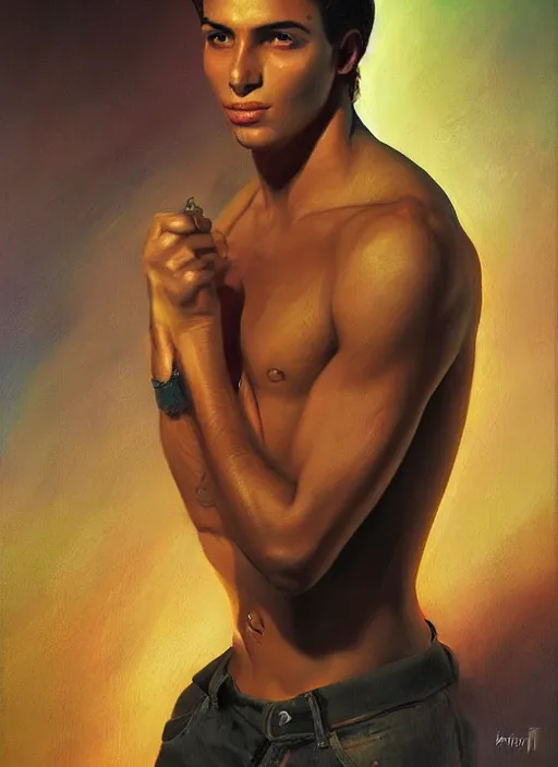 Prompt: portrait of a handsome young brazilian man art by alejandro burdisio and manuel sanjulian and keith parkinson