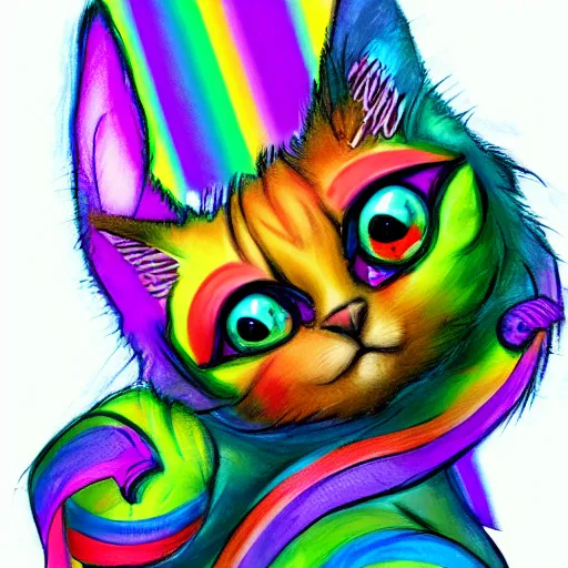 Image similar to wide angle full body, of a fluffy cute rainbow kitten wearing a black leather motorcycle jacket, concept art