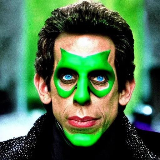 Prompt: Ben Stiller as the Riddler, photo from Batman Forever, detailed, 4k