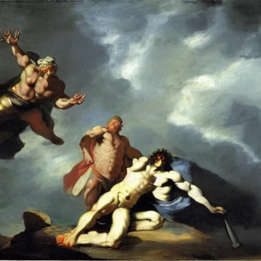 Prompt: zeus vs thor by francisco goya, mythological painting, oil painting