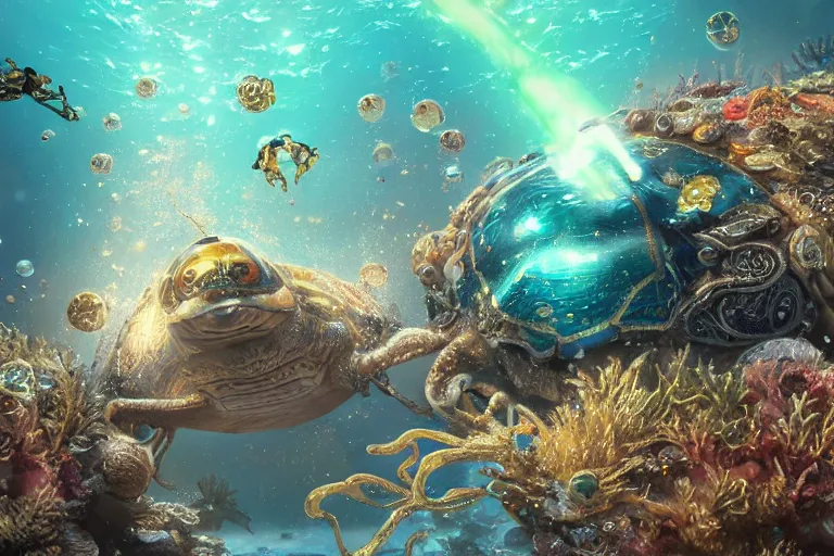 Image similar to beautiful painting of a caretta caretta wearing an armour of jewels and giant golden beetles in ocean coral reef, water bubbles, intricate details, realistic shaded , steampunk, highly detailed, artstation, illustration by Greg Rutkowski and Ruan Jia , octane render, dynamic light, volumetric light, neon lights, cinematic mood