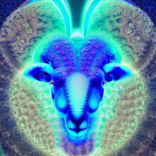 Image similar to a crystalline 3 d mandelbulb fractal in the shape of a lamb, bioluminescent opal, fractal, magnificent lighting, ethereal, ray tracing, octane, holographic, portrait