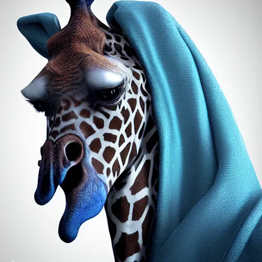 Image similar to a highly detailed portrait of a humanoid giraffe in a blue cloak, artstation, deviantart, professional, unreal engine 5, photorealistic