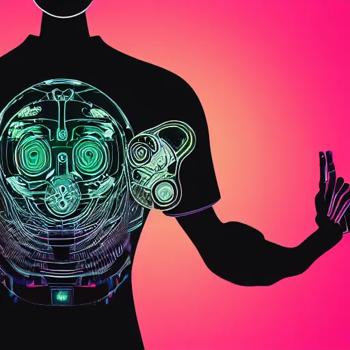 Image similar to photo of a black tshirt with a hyperdetailed portrait of a futuristic trippy cyberpunk meditating robot, 8 k, symetrical, flourescent colors, multicolored tshirt art,