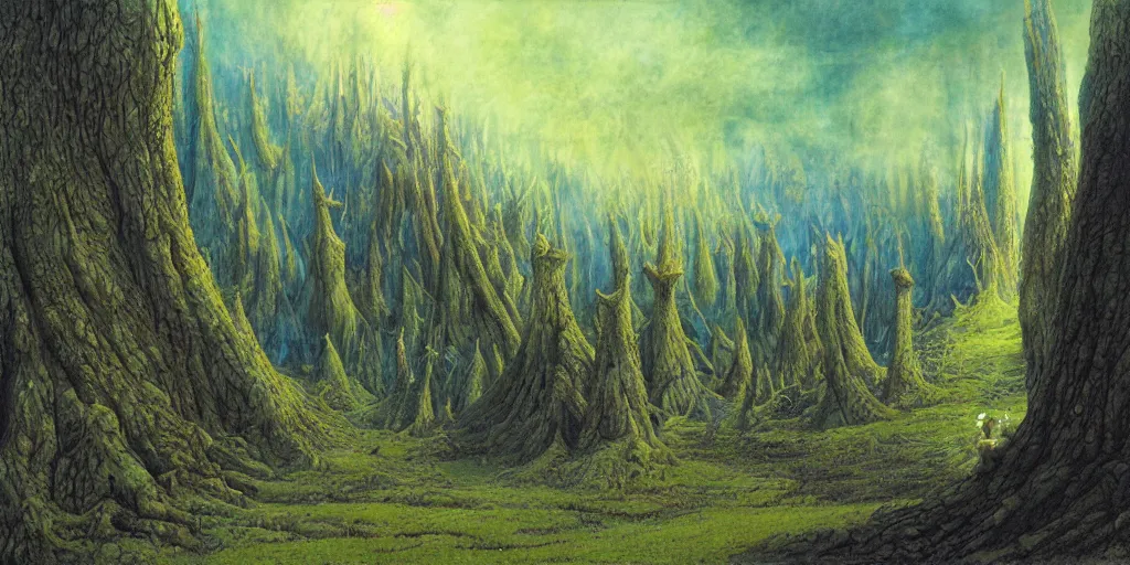 Image similar to Artwork by John Howe of the cinematic view of the Celestial Forest of Buried Enchantments.