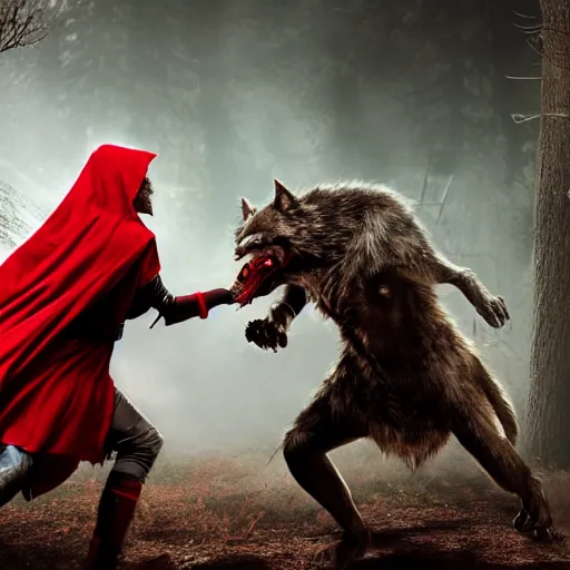 Prompt: photo of red riding hood warrior fights a werewolf, highly detailed, dramatic lighting, cinematic, 4k