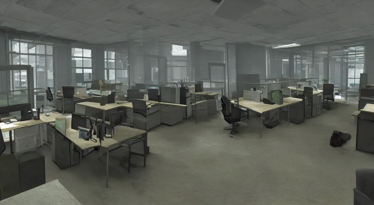 Image similar to An office at 3AM with multiple cubicles and a window that provides a view of the city, Source Engine, Gmod, Half Life 2, Bioshock, Outlast