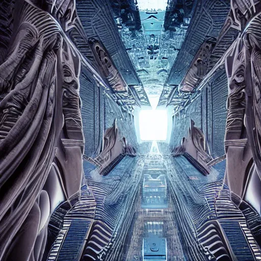 Image similar to a scene of a beautiful intricate epic futuristic hyper detailed cyber sphynx of egypt, cinematic lighting taken from the ground looking up
