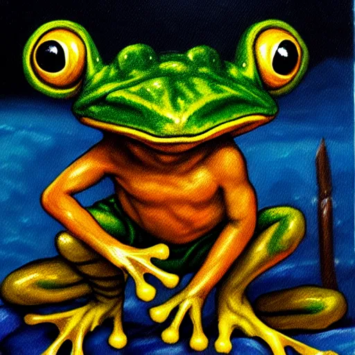 Image similar to oil painting of a frog warrior, in the style of 9 0 s dungeons & dragons and magic the gathering, character art card, highly readable