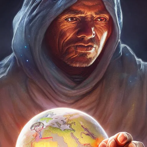 Image similar to male nomad wearing a cloak on an alien world and holding a holographic planet projection in his hand, covered face, detailed, sci - fi, digital painting, artstation, sharp focus, illustration, artgerm, tomasz alen kopera, peter mohrbacher, donato giancola, joseph christian leyendecker, wlop, frank frazetta