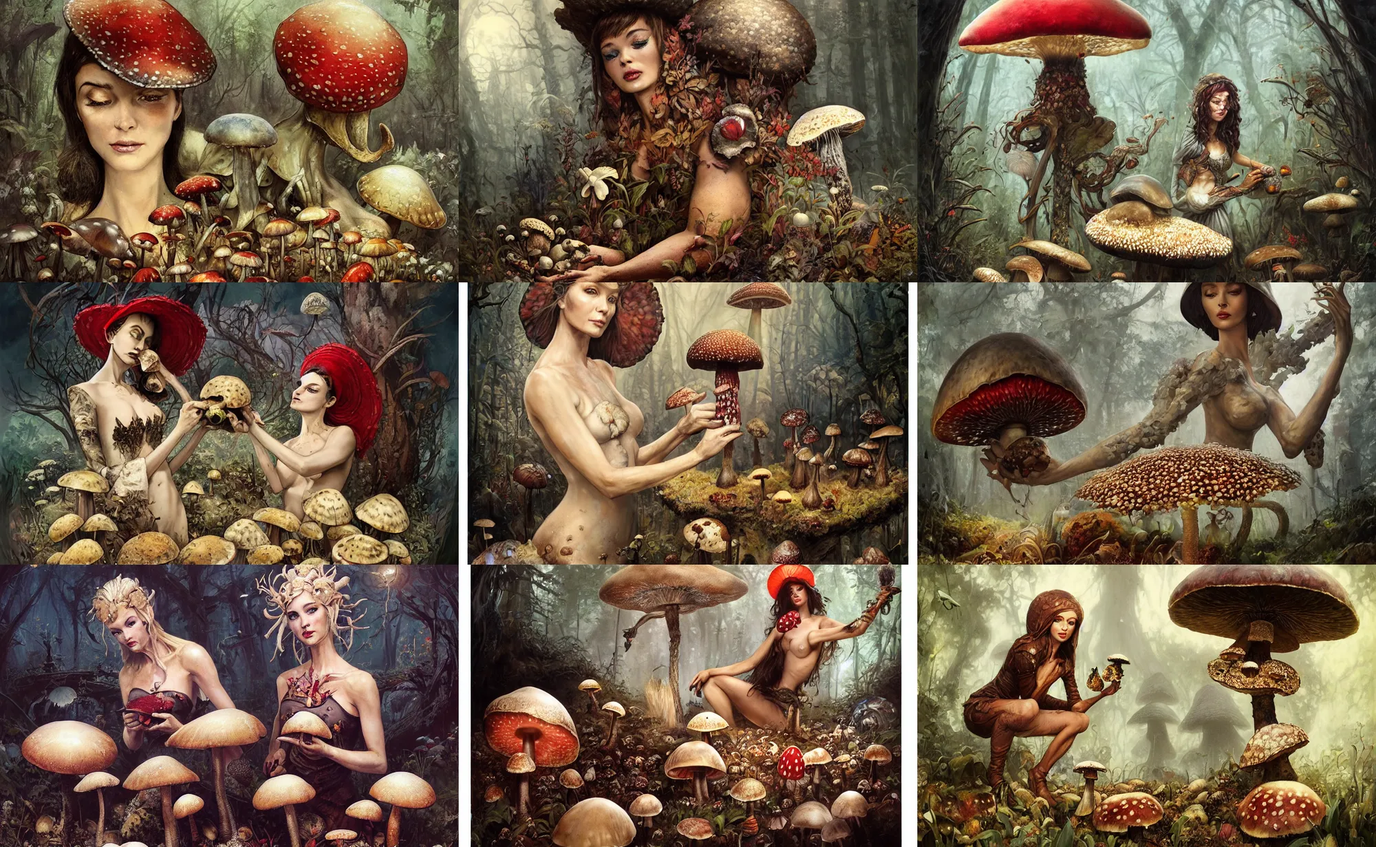 Prompt: A mixed media portrait painting of a beautiful mycologist woman tending her amanita muscaria mushrooms, detailed Aesthetic! face and eyes, slavic, by Frank Frazetta, Greg Rutkowski, Beeple, Boris Vallejo, Yoko Taro, Christian MacNevin, epic fantasy character art, high fantasy, CGsociety, full length, exquisite detail, post-processing, masterpiece, cinematic