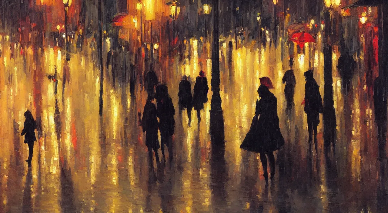 Image similar to evening city scene with young woman with umbrella. beautiful use of light and shadow to create a sense of depth and movement. uses energetic brushwork and a limited color palette, providing a distinctive look and expressive quality in a rhythmic composition