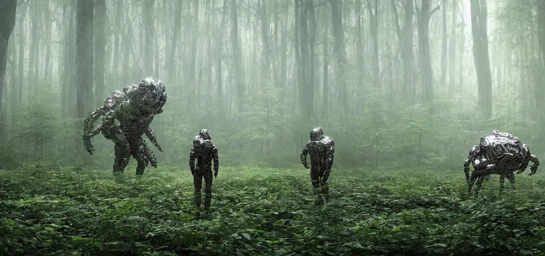 Prompt: an astronaut looking at a complex organic fractal metallic symbiotic ceramic humanoid megastructure creature in a swampy lush forest, foggy, sun rays, cinematic shot, photo still from movie by denis villeneuve, wayne barlowe