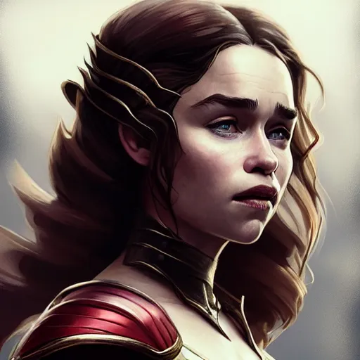 Image similar to beautiful Emilia Clarke as Flash, western, closeup, D&D, fantasy, intricate, elegant, highly detailed, digital painting, artstation, concept art, matte, sharp focus, illustration, art by Artgerm and Greg Rutkowski and Alphonse Mucha