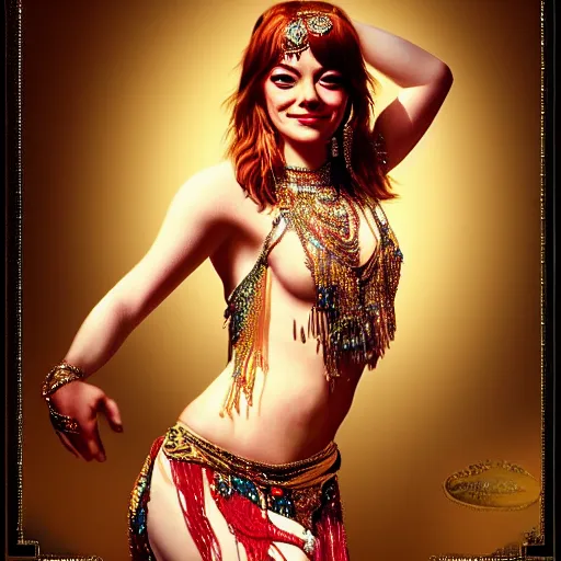 Image similar to a photorealistic portrait of emma stone dressed as a belly dancer, arabian night, high quality, fully detailed, 4 k, in focus sharp face with fine details, realistic hand details and anatomy composition, inspired by belly dancer on youtube, alphonse mucha, masterpiece, stunning