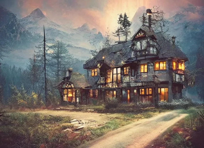 Image similar to cosy house in a clearing in the forest, mountains in the background, beautifully lit, retro science fiction vintage art, steampunk