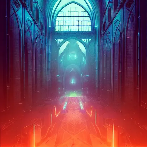 Prompt: “ inside a cathedral, cyberpunk art by vincent lefevre, behance contest winner, altermodern, cityscape, synthwave, matte painting ”