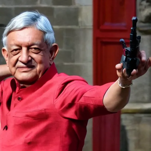 Image similar to amlo pointing the gun at his head, being in windsor castle.