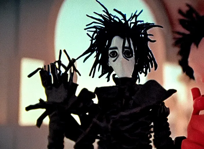 Prompt: cinematic screenshot cinestill portrait of a stop motion claymation film, edward scissorhands, in focus, shallow depth of field, 1 8 mm, f 1. 8, sharp details