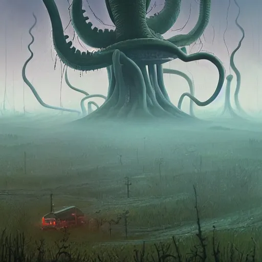 Image similar to giant eldritch horror, simon stalenhag, war of the worlds, forest