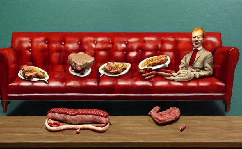 Image similar to realistic painting of couch made out of meat, business men sitting on couch made out of meat and talking, meat couch, meat couch,