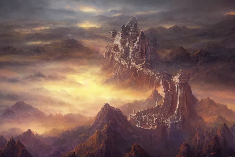 Prompt: fantasy painting, aerial view of an ancient land, sunset and ominous shadows over the kingdom, brutalist shiro himeji rivendell palace eden by jessica rossier and ( ( ( ( brian froud ) ) ) )