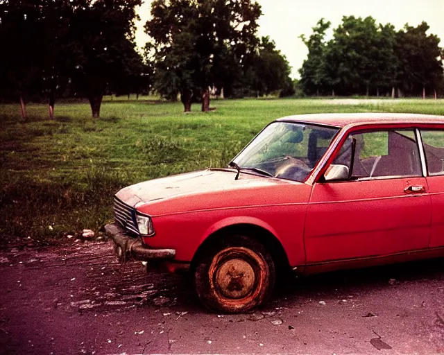 Image similar to a lomographic photo of old lada 2 1 0 7 standing in typical soviet yard in small town, hrushevka on background, cinestill, bokeh