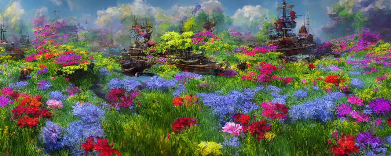 Prompt: a fantasy battle ship fly upon a sea of flowers, wide apertture, colorful, trending on artstation, 8 k resolution, ultra detailed, hyperrealism, unreal engine render