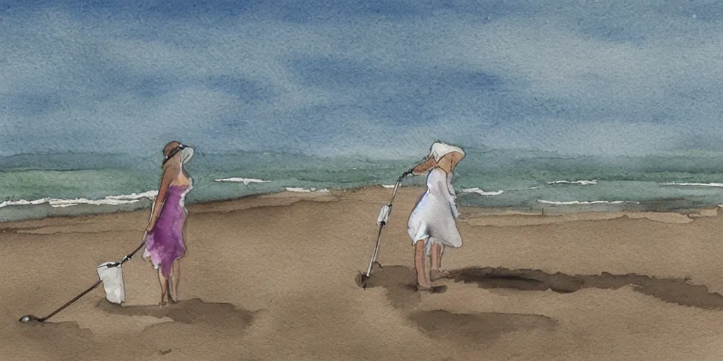 Image similar to a woman wearing a white dress, using a metal detector on a beach, watercolour realistic