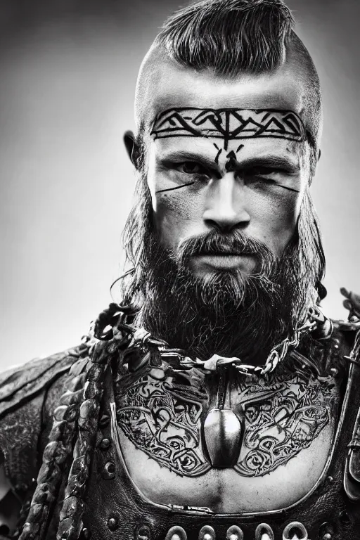 Prompt: a cinematic view of wide bw photo from a very ornated old odin mixed with brad pitt viking, shaved haircut, mexican mustache, showing celtic tattoos in the head, using leather armour with necklace of bones, naughty expression, photorealistic, volummetric light, depth of field, detailed, texturized, zeiss lens high professional mode