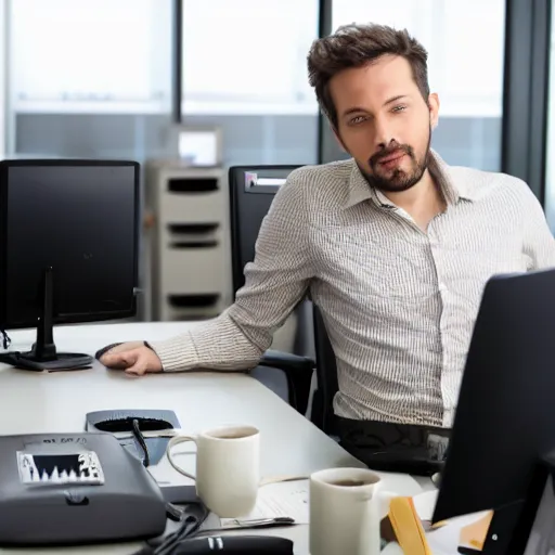 Image similar to man working very hard in an office, not just making dreams on his computer