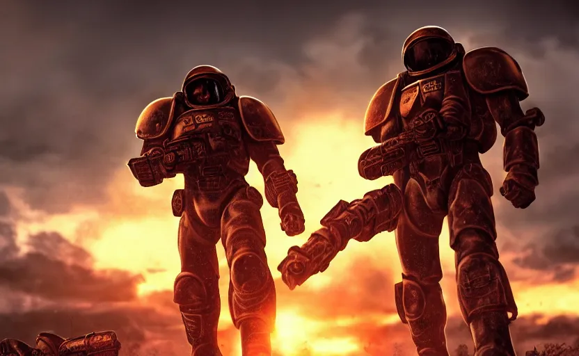 Image similar to gritty comic book cover, 2 beautiful woman space marines!, back to back firing heavy bolters, shouting, pretty eyes, sunset lighting, war silhouette in background, hyper realism, realistic shading, cinematic composition, blender render, octane render, hdr, detailed textures, photorealistic, ultrawide shot, 1 6 mm lens