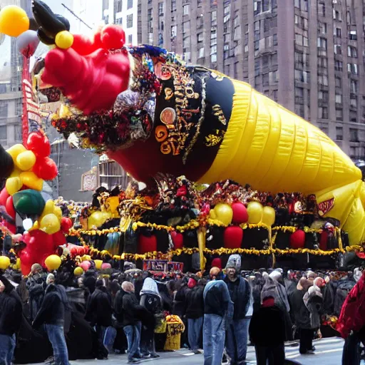 Prompt: Steven Seagal parade float, balloon, Thanksgiving parade, New York City