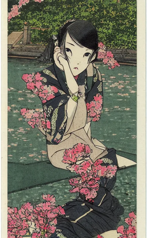 Prompt: by akio watanabe, manga art, a girl sitting on small wooden lake bridge and iris flowers, trading card front, kimono, realistic anatomy