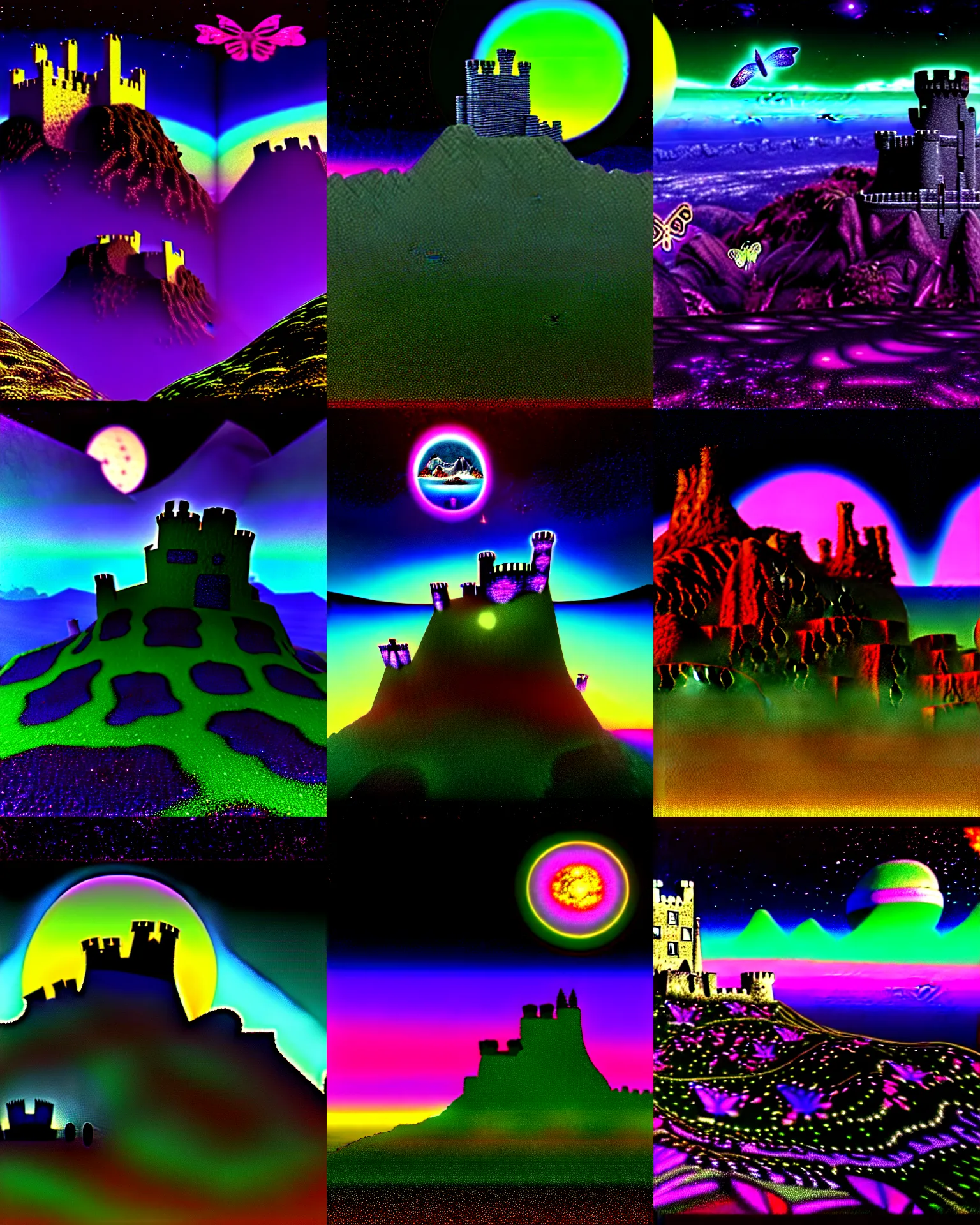 Prompt: 3 d render of cybernetic mountain landscape with castle ruins with an alien silhouette against a psychedelic surreal background with 3 d butterflies and 3 d flowers n the style of 1 9 9 0's cg graphics against the cloudy night sky, lsd dream emulator psx, 3 d rendered y 2 k aesthetic by ichiro tanida, 3 do magazine, wide shot