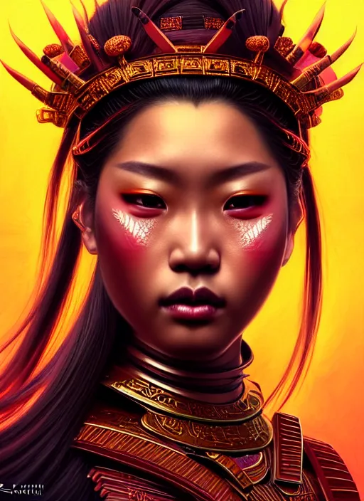 Prompt: portrait of samurai queen, fantasy, rule of thirds, intricate, neon highlights, octane render, detailed, beautiful, brown skin, unreal engine, symmetrical!!, loreal, maybelline, sephora, loreal, artstation, art by karol bak, art by artgerm, rossdraws, cinematic, concept art, filmic, vsco