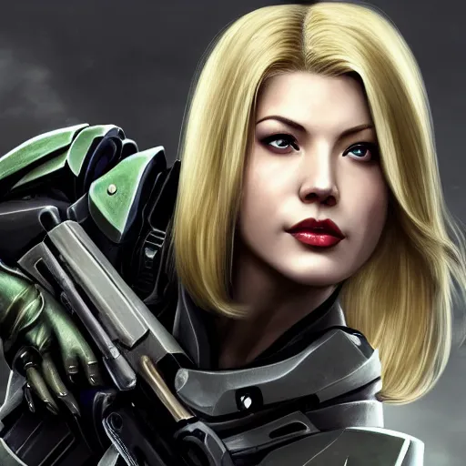 Image similar to A combination of Ada Wong's and Grace Kelly's and Katheryn Winnick's appearances with blonde hair wearing Master Chief's armor from Halo, high tech, action shot, angular, full body portrait, futuristic, dramatic, fantasy, intricate, elegant, highly detailed, digital painting, artstation, concept art, matte, sharp focus, illustration, 8K, art by tian zi and WLOP and alphonse mucha