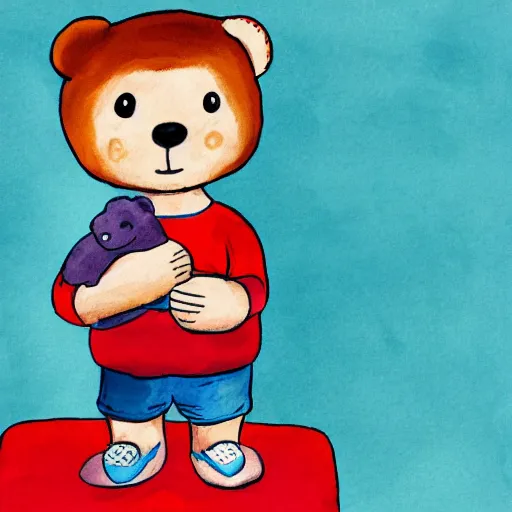 Image similar to little kid with red shirt in his room holding teddy bear in style ofwater colors illustration