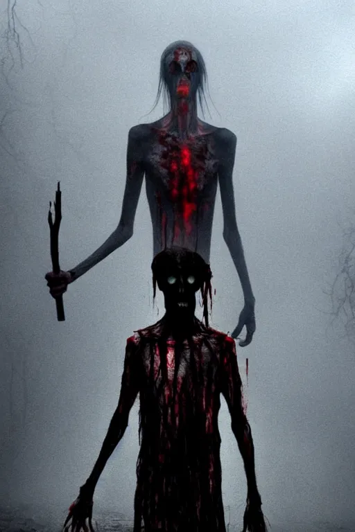 Image similar to tall slender humanoid walking in the mist, red eyes, bloody face, creepy, horror, fantasy, bloodcurdling