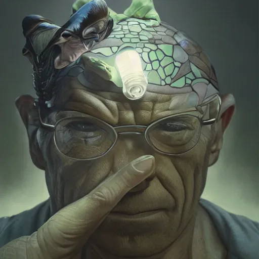 Image similar to a frog and walter white, intricate, highly detailed, digital painting, artstation, concept art, smooth, sharp focus, illustration, unreal engine 5, 8 k, art by artgerm and greg rutkowski and alphonse mucha