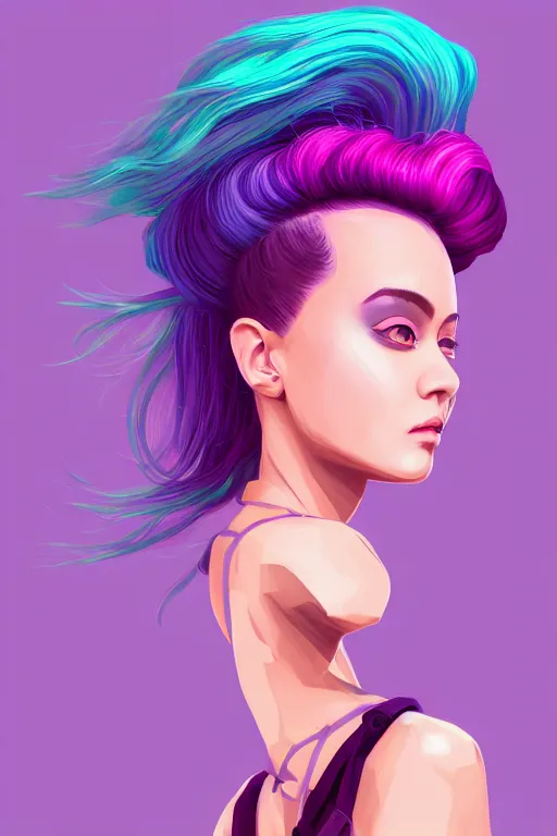 Image similar to a award winning half body portrait of a beautiful woman in a croptop and cargo pants with ombre purple pink teal hairstyle with head in motion and hair flying by wlop, outrun, vaporware, shaded flat illustration, digital art, trending on artstation, highly detailed, fine detail, intricate