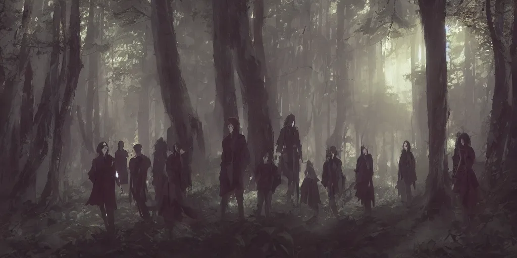 Image similar to group of vampires in the woods, hyperrealistic, trending on pixiv fanbox, painted by greg rutkowski makoto shinkai takashi takeuchi studio ghibli, akihiko yoshida